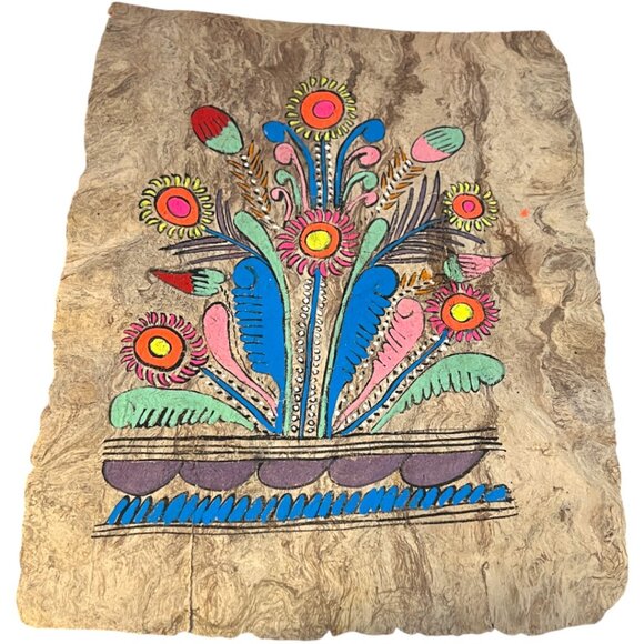 Vintage Mexican Amate Bark Painting – Floral Hand-Painted FOLK ART w/ Burlap Mat - Picture 10 of 16